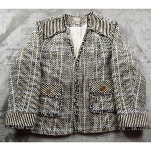 CHICOS Open Front Blazer Womens 16/18 Petite Black Textured Lined Fringe Jacket